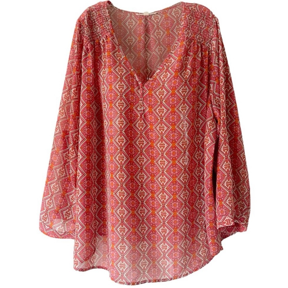 fun2fun Orange Pink Diamond Print Roll Tab Sleeve Tunic Top sz: Women 1X